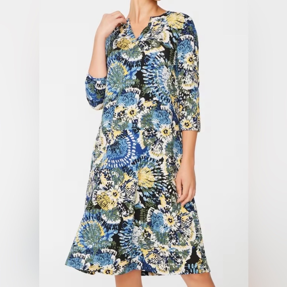 Chico's Blue, Yellow & Green Floral V‑Neck Midi Dress